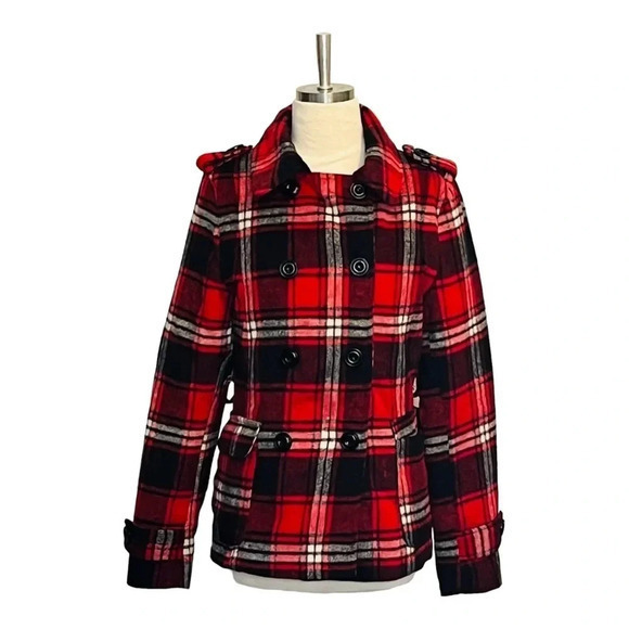 COCOA PLATINUM PLAID JACKET DOUBLE BREAST RED BLACK COAT WOOL‎ LINED SIZE MEDIUM - Picture 3 of 13